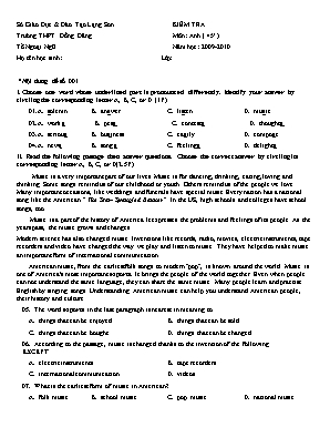 4 Đề kiểm tra 45 phút môn Tiếng Anh Lớp 10 - Năm học 2009-2010 - Trường THPT Đồng Đăng
